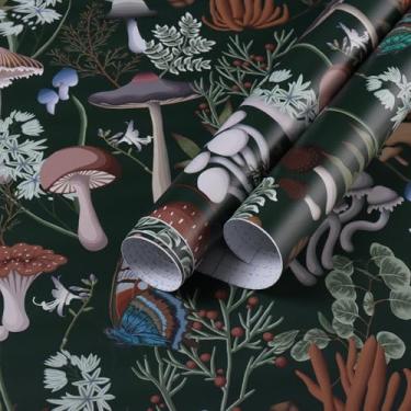 Imagem de EeeComing Papel de parede de cogumelo papel de parede boho papel de parede verde cogumelo papel de parede removível para quarto sala de estar estante banheiro vinil autoadesivo 199.9 cm x 41.0 cm