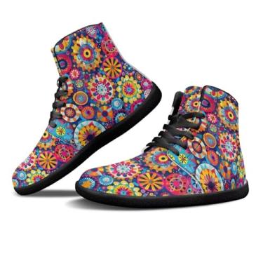 Imagem de GOSTONG Sapatos femininos descalços bico largo, sem queda, antiderrapante, para viagens ao ar livre, trilhas, cano alto, couro PU, tênis casual EUA 6-12, Equipamento de flores multicoloridas, 12.5