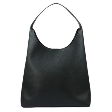 Imagem de Bolsa de couro vegano 2024 outono inverno bolsa de ombro grande minimalista retrô balde trabalho viagem textura lichia bolsa de mão, Preto