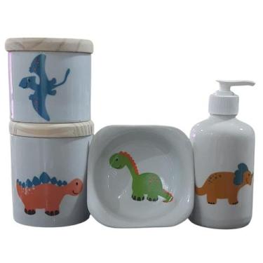 Imagem de Kit higiene bebê Dinossauro 4 peças - potes, porta álcool e molhadeira