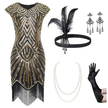 Imagem de BABEYOND Conjunto de vestidos melindrosa anos 20 anos 20 Grande vestido Gatsby anos 1920 Vestido com franjas e conjunto de acessórios