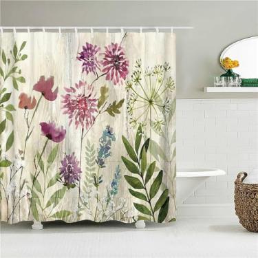 Imagem de Cortina para banheiro, folhas de plantas, impressão de folhas, cortina decorativa à prova d'água para casa com ganchos, cortina de chuveiro, 2476M, L210xA180cm