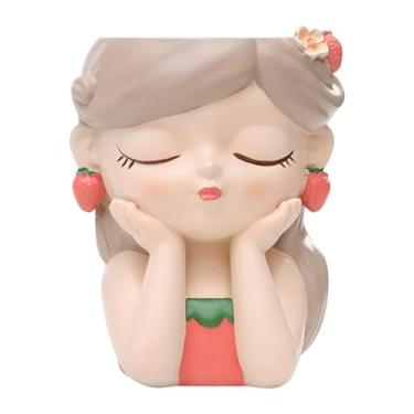 Imagem de IEUDNS Cartoon Girl Planter Vaso de mesa Vaso de plantas decorativo Pequeno vaso de flores de resina para prateleira Quarto Entrada Interior/Exterior, Cinza Vermelho