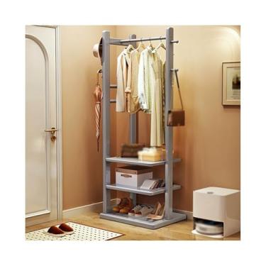 Imagem de Cabide de piso de madeira maciça cabide de entrada pequeno apartamento com várias camadas de economia de espaço, suporte de armazenamento de roupas para quarto, suporte de chão (cinza, pequeno)