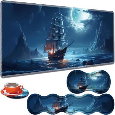 Imagem de ZHUHEHEAH Bloco de mesa grande para jogos de 80 cm x 30 cm + almofada de pulso para teclado + almofada de pulso para mouse + base antiderrapante para porta-copos conjunto 4 em 1, espuma viscoelástica