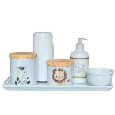 Imagem de Kit higiene bebê Safari 6 peças - Bandeja, potes, porta álcool e molha