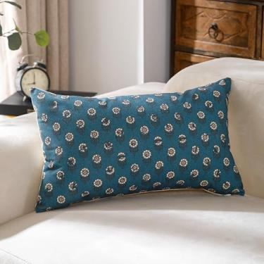 Imagem de VAKADO Conjunto de 1 capa de almofada com estampa de bloco lombar 30,5 x 50,8 cm, vintage, decoração floral, floral, macia, para quarto, sofá, cadeira, varanda, azul
