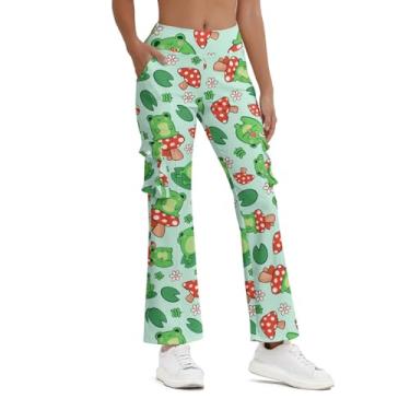 Imagem de Balicaton Calça feminina de ioga elástica com boca de sino elástica casual com bolsos, Cogumelo e sapo, P