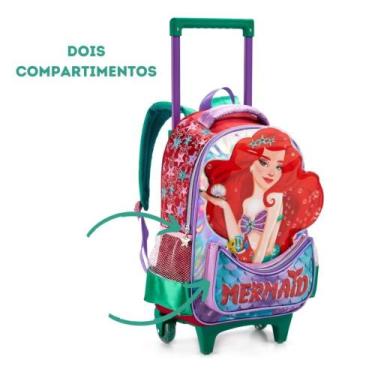 Imagem de Mochila Rodinhas Escolar Infantil Menina Sereia Denlex, Vermelho