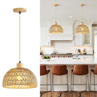 Imagem de QianZhan Luminária Pendente Tecida À Mão, Luminária Pendente De Vime Com Cúpula De 11,8" Em Vime, Luminária Suspensa De Cesta De Fazenda, Lustre Boho Coast Para Ilha De Cozinha, Sala De Jantar, Pia,