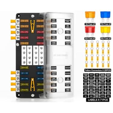 Imagem de PSEQT Bloco De Fusíveis De Circuito De 16 Vias Com Barra De Barramento Positiva E Negativa 12 V 24 V Suporte De Lâmina Caixa De Fusíveis Padrão Atc/Ato Com Tampa À Prova D'Água Para Reboque Caminhã