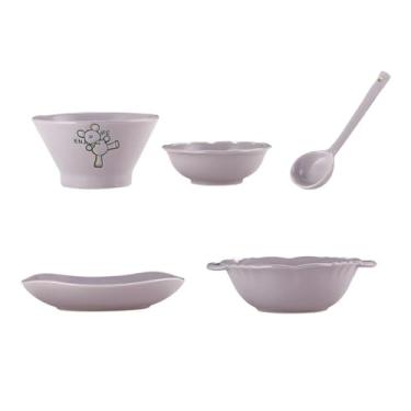 Imagem de Utensílios de mesa de cerâmica esmaltados de urso fofo de desenho animado, tigela de arroz para estudantes, prato de sabor, tigela de sopa de macarrão, colher - conjunto de 5 peças para uma pessoa -