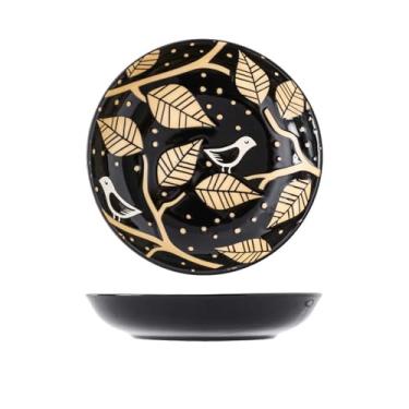 Imagem de Utensílios de mesa de cerâmica de 20 polegadas pintados à mão em estilo japonês, pratos de dim sum, pratos domésticos, pratos redondos - pratos de arroz de 20 cm - magpie black