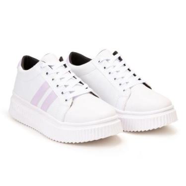 Imagem de Tênis Branco Feminino com Listras Lilás e Sola Plataforma - Fierre, Li
