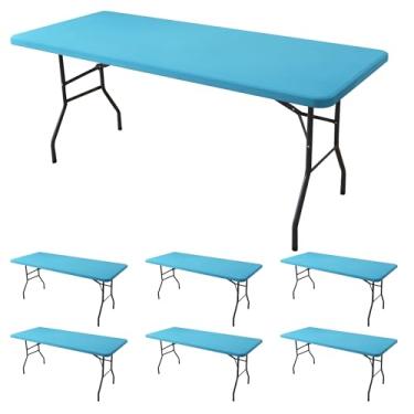 Imagem de Enjoyidea Capa de mesa de elastano para mesas retangulares de 1,8 m - pacote com 6 - capa de mesa elástica azul claro para piquenique ao ar livre - toalhas de mesa elásticas de elastano para