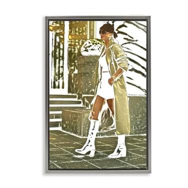 Imagem de Stupell Industries Design de arte de parede em tela emoldurada com sobretudo feminino dourado flutuante cinza por Graffi*tee Studios, 43 x 63 cm