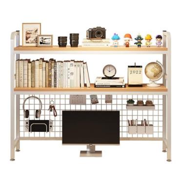 Imagem de W WWEENUO Estante de mesa de mesa, prateleira de mesa de metal de 2 camadas com painel de grade, suporte de exibição de mesa de madeira para monitor de computador, organizador de armazenamento de