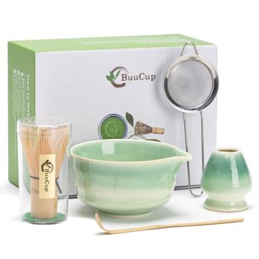 Imagem de Buucup Conjunto Matcha Japonês, Tigela Matcha com Bico, Batedor e Suporte Matcha, Colher Matcha de Bambu e Peneira de Aço Inoxidável - 5 Peças Gradiente Verde Matcha Kit para Amantes de Matcha