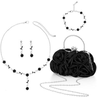 Imagem de Hicarer 5 peças de bolsa feminina rosa clutch conjunto de joias rosa bolsa noturna colar ouro brincos pulseira para presentes de casamento, One Size, Metal