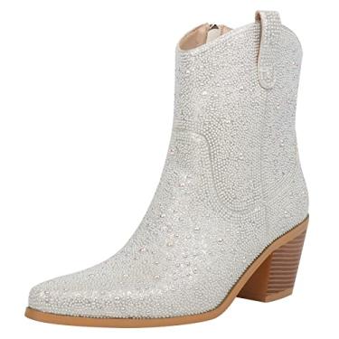 Imagem de FIFSY Botas femininas de caubói com strass, salto grosso, brilhante, cowgirl, Pérola, prata, 7