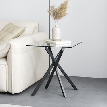 Imagem de NIERN Mesa de centro lateral pequena com pernas de metal, mesa de canto quadrada moderna de vidro temperado para sala de estar, sofá, escritório em casa (1, preto, 50 x 50 x 56 cm)