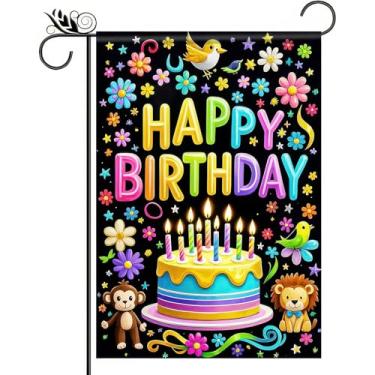 Imagem de BlissYard Bandeira de jardim de aniversário, 30 x 45 cm, dupla face, feliz aniversário, bandeira de jardim, animais e flores, placas de bolo, bandeira vertical para bolo, bandeiras de casa, pôster,