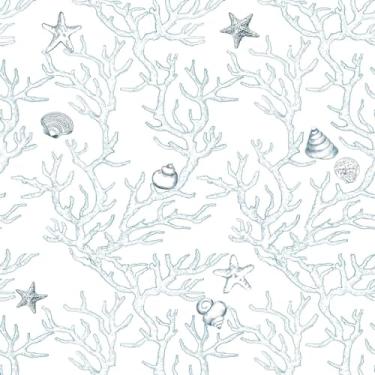 Imagem de WENMER Papel de parede floral descascar e colar 17,3" x 1188" papel de parede coral branco e azul claro coral/concha/estrela do mar papel de contato textura autoadesiva papel de parede removível para inquilinos banheiro quarto infantil