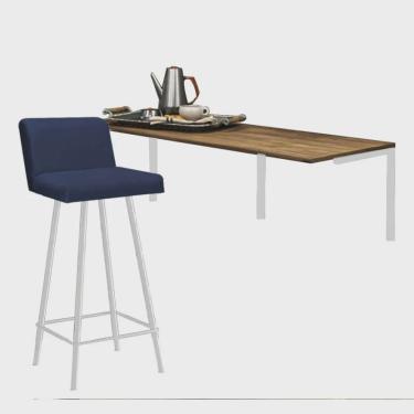 Imagem de Kit Mesa Suspensa de Parede Fixa mdf Rústico + 1 Banqueta Lexi Ferro Branco Corino Azul...