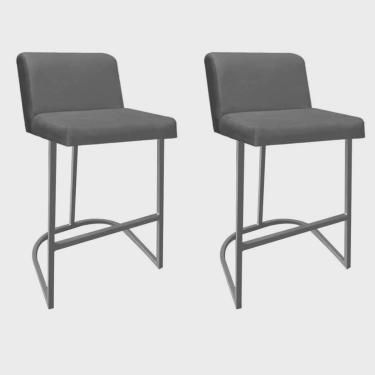 Imagem de Kit 02 Banquetas Com Encosto Noah Luxo Confort Bistrô Cozinha Ferro Cinza Suede Cinza - Ahazzo Móveis