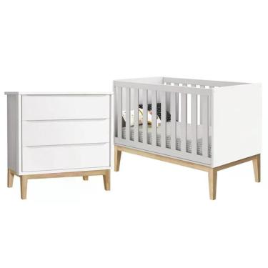 Imagem de Jogo de Quarto Classic Cômoda 3 Gavetas e Berço com Pés Madeira Natural - Reller Móveis Branco Fosco