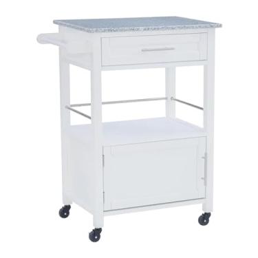 Imagem de Carrinho de Armazenamento Carrinho de armazenamento branco sobre rodas, carrinho de armazenamento com tampo de granito, para cozinha, sala de jantar, banheiro Carrinho de Armazenamento