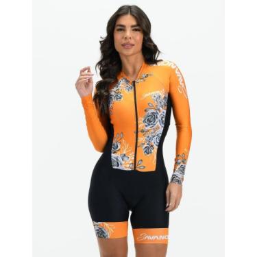 Imagem de Macaquinho Ciclismo Feminino Manga Longa Laranja Flowers Black Savanci