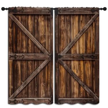 Imagem de LHROOMJK Cortinas blackout rústicas de porta de celeiro para decoração de quarto de meninos e meninas, retrô, marrom, madeira, casa de fazenda, isolamento térmico, cortina de janela para sala de estar