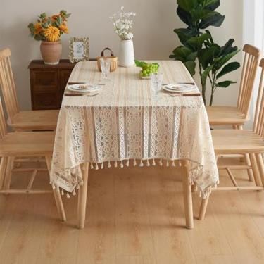 Imagem de Toalha de mesa retangular listrada de renda bege com borla para pendurar, sala de estar e mesa de centro de quarto (150x150cm/bege)