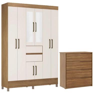Imagem de Kit Guarda Roupa Casal Com Espelho 8 Portas Munique Cômoda Atria Amêndola Touch Off White