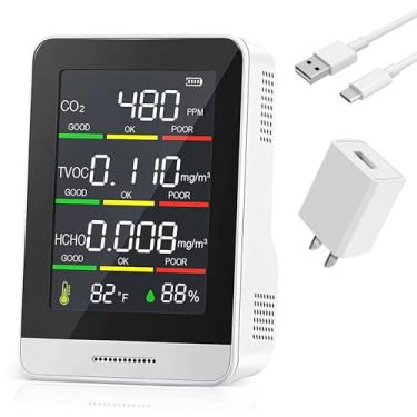 Imagem de Monitor de qualidade do ar interno 5 em 1, detector de poluição do ar multifuncional portátil, testador de qualidade do ar para temperatura e umidade TVOC HCHO CO2