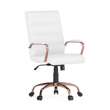 Imagem de Flash Furniture Whitney Cadeira de escritório com encosto médio - Cadeira de escritório executiva giratória macia de couro branco com moldura de ouro rosa - Cadeira de braço giratório