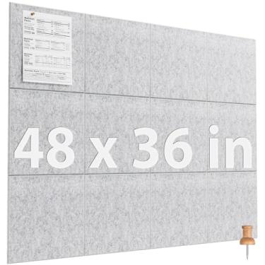 Imagem de MaxGear Quadro de cortiça grande alternativo de 119 cm x 89 cm, pacote com 12 azulejos de parede de feltro com 80 pinos, placas de cortiça cinza claro para paredes, placa de cortiça para escritório