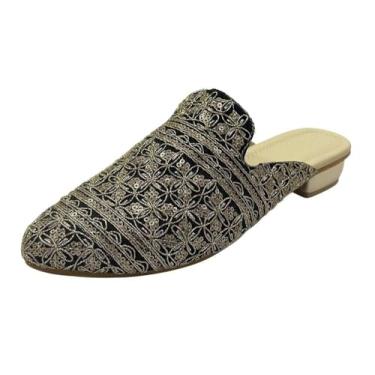 Imagem de Mules femininas étnicas abertas – Juttis indiano sem cadarço feito à mão | Sapatilhas Boho bordadas | Sapatos tradicionais confortáveis sem costas nuas para casamento, escritório e uso diário, Preto