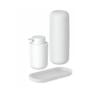 Imagem de " Kit Lavabo Banheiro Organizadores de Pia Com Dispenser de Sabonete Líquido Porta Escovas e Saboneteira Branco em Material Resistente Elegante "