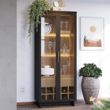 Imagem de Cristaleira Decorativa Com Led Tenerife Preto/noce G73 - Gran Belo