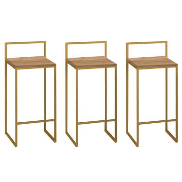 Imagem de Kit 03 Banquetas Alta Com Encosto Lyno Industrial Balcão Bistrô Ferro Dourado Castanho - Amey Decor