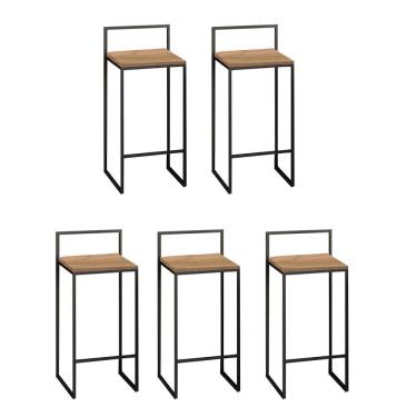 Imagem de Kit 05 Banquetas Alta Com Encosto Lyno Industrial Balcão Bistrô Ferro Preto Rústico - Amey Decor