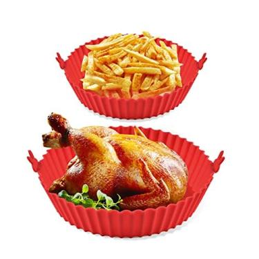 Imagem de Aokinle Pacote com 2 panelas vermelhas de silicone para fritadeira a ar, panela de silicone para fritadeira a ar de 20 cm, acessórios de forno reutilizáveis, panela de silicone de grau alimentício