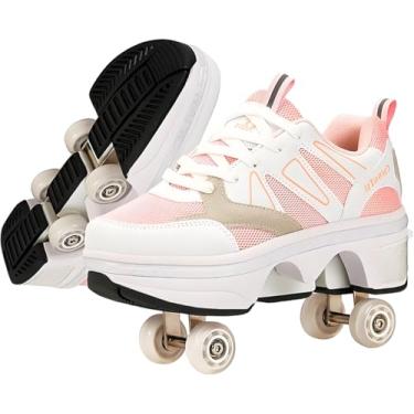 Imagem de Tênis de patins para meninas, crianças, mulheres e adultos – sapatos retráteis com rodas | Sapatos de patinação que se transformam em patins de tênis - rosa, 6,5