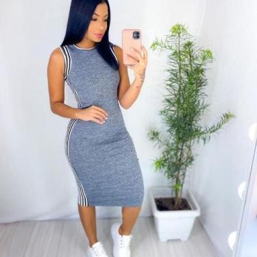 Imagem de Vestido listra na lateral midi manga regata cenalado feminino - Filó M