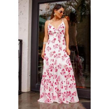Imagem de Vestido longo de alça branco com rosa - Ana modas 