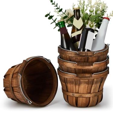 Imagem de Tatuo 4 cestos redondos de madeira de 16 x 19 cm, baldes de frutas de madeira de Páscoa com alça vazia para frutas, vegetais, maçã, cesta, para presente, jardim, fazenda e festa (marrom escuro)