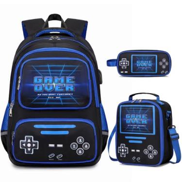 Imagem de ACESAK Mochila Gamer para meninos – Mochila escolar luminosa legal com lancheira estojo de lápis, Preto, Medium