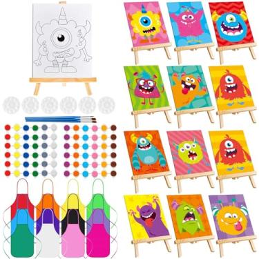 Imagem de Ireer Conjunto de 12 conjuntos de pintura infantil para festas e kit de pintura inclui 12 telas pré-desenhadas impressas, cavaletes, paletas, avental 36 pincéis para arte faça você mesmo, festa de